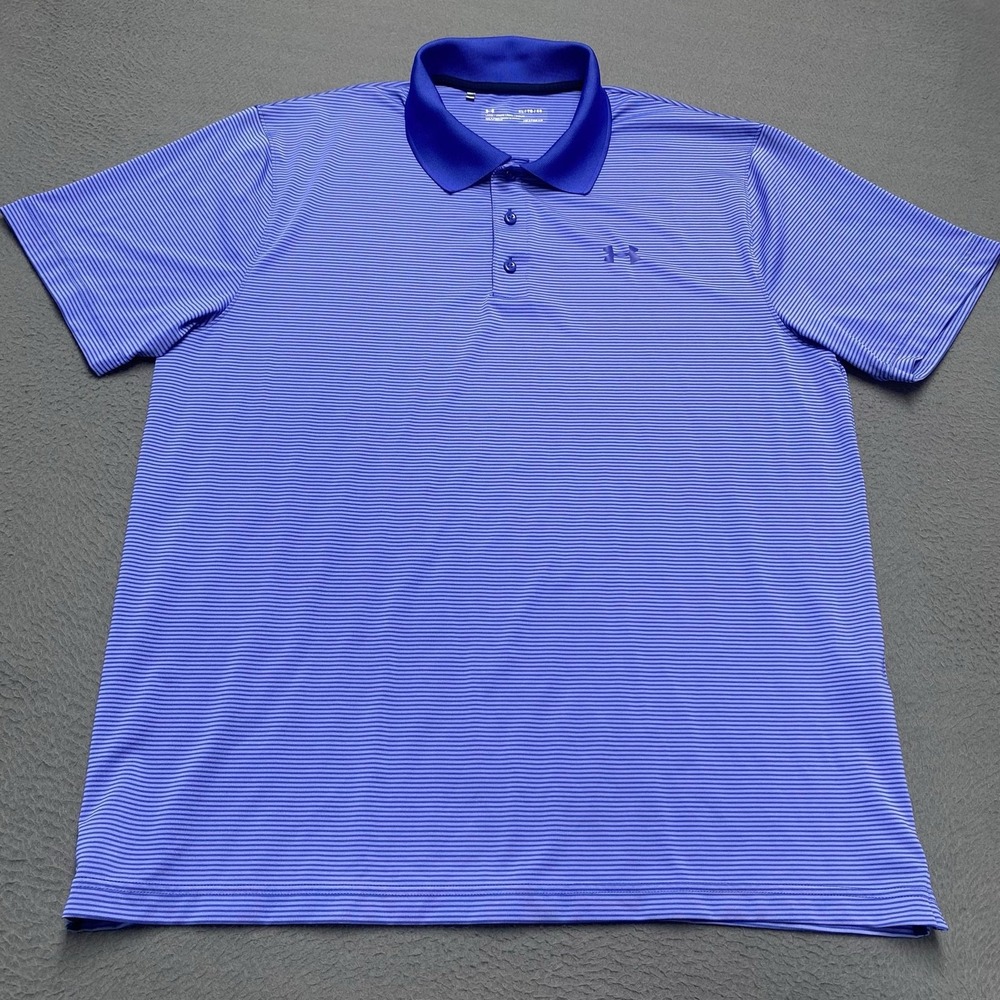 Under Armour Polo Shirt Mens XL Blue Striped Relaxed Fit HeatGear Golf Stretch